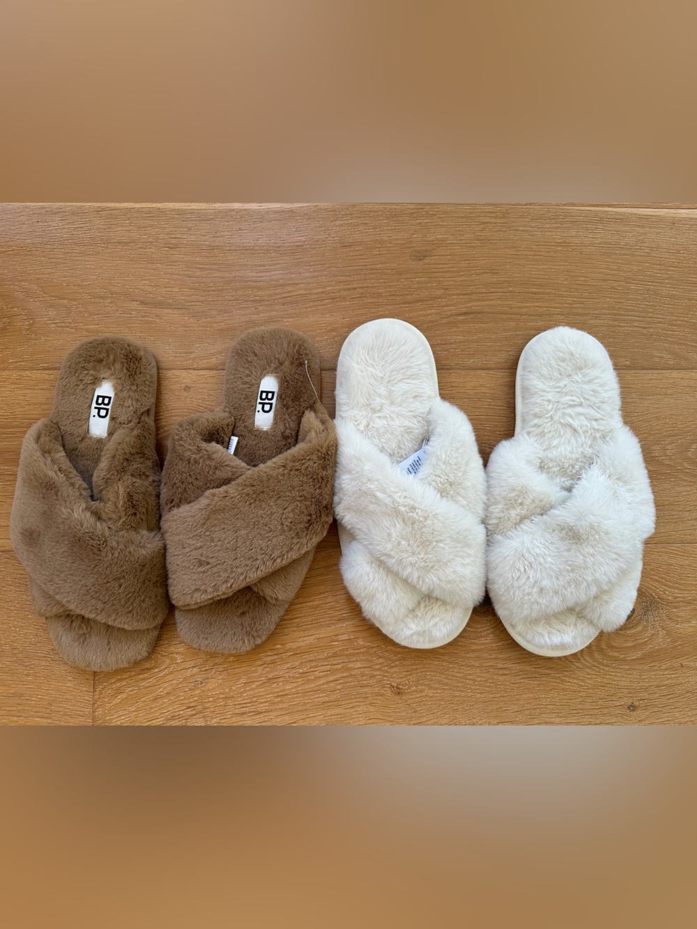 BP Plush Crisscross Slide Slippers in Brown and Cream